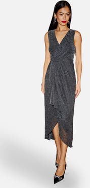 Yumi Metallic Pleated Frill Wrap Midi Dress