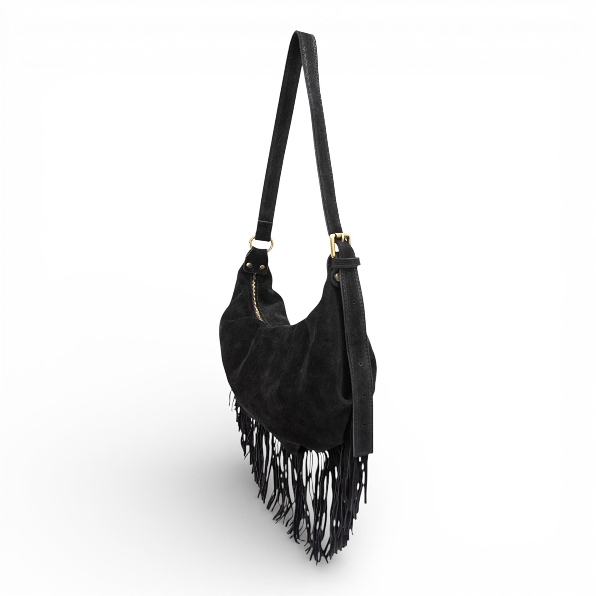 Bolsa Nova Dallas Suede Fringe Hobo, Alternate, color, Black