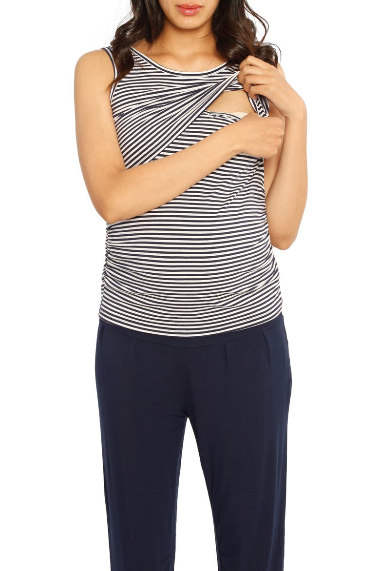 Maternity/Nursing Cardigan, Tank & Pants Set, Alternate, color, NAVY