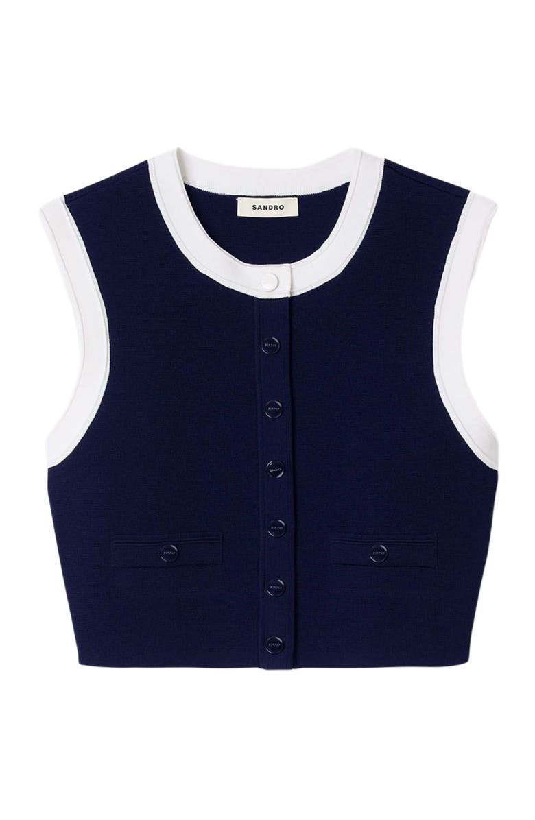 SANDRO Two-tone cropped knit top, Alternate, color, Navy Blue