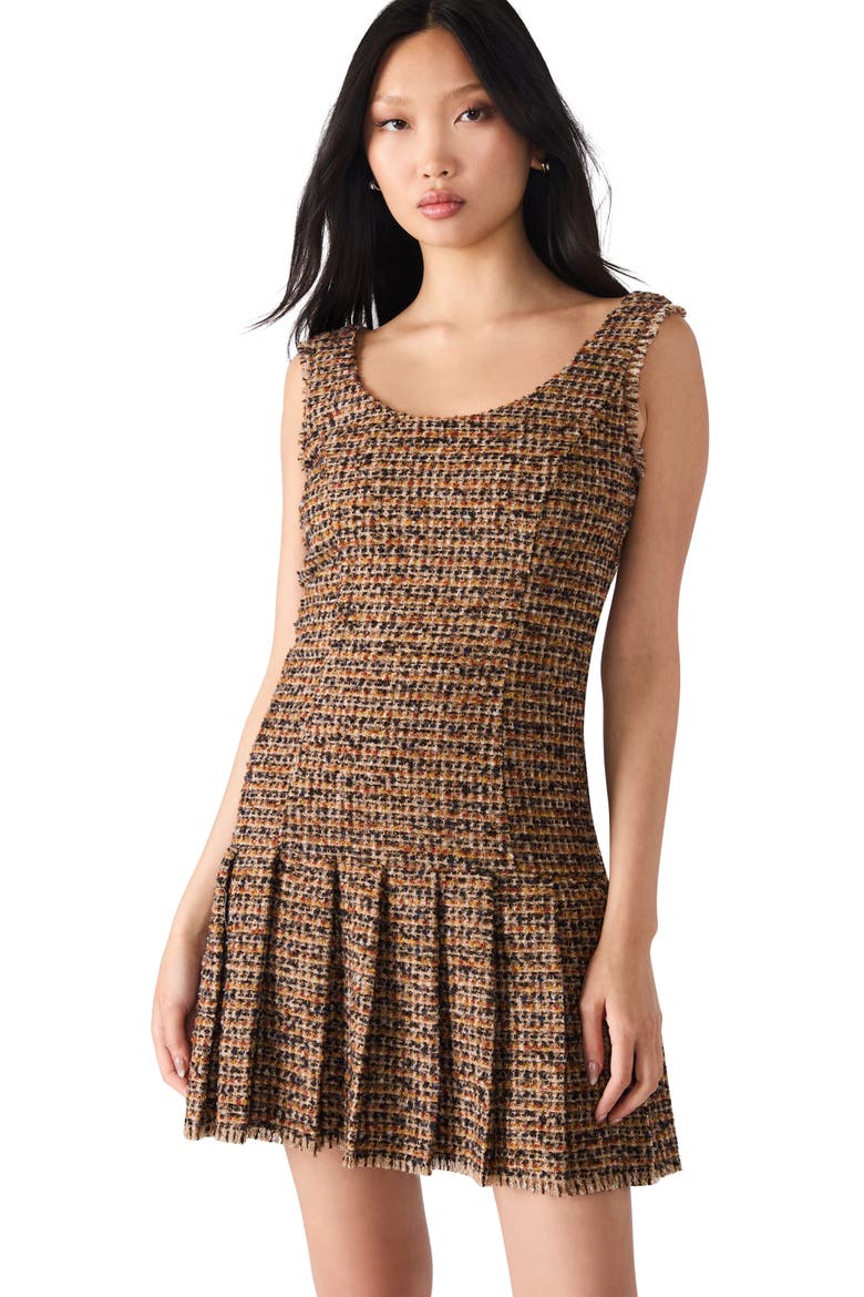 Avie Pleat Detail Tweed Minidress, Alternate, color, BROWN PLAID MIX