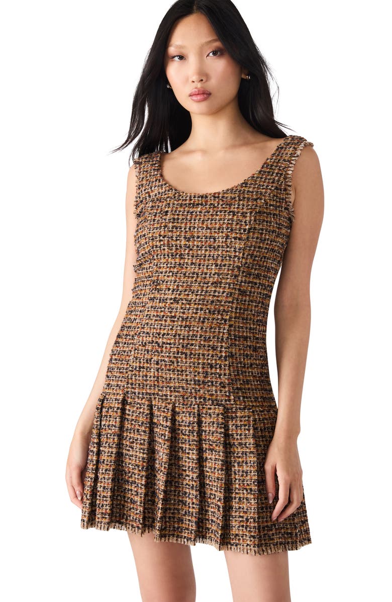 Steve Madden Avie Pleat Detail Tweed Minidress, Alternate, color, Brown Plaid Mix