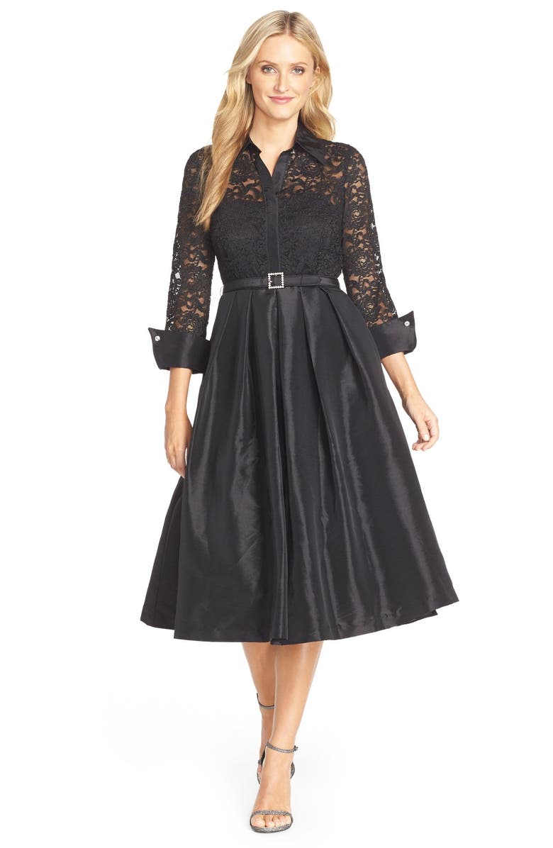 Eliza J Mixed Media Fit & Flare Dress, Main, color, 