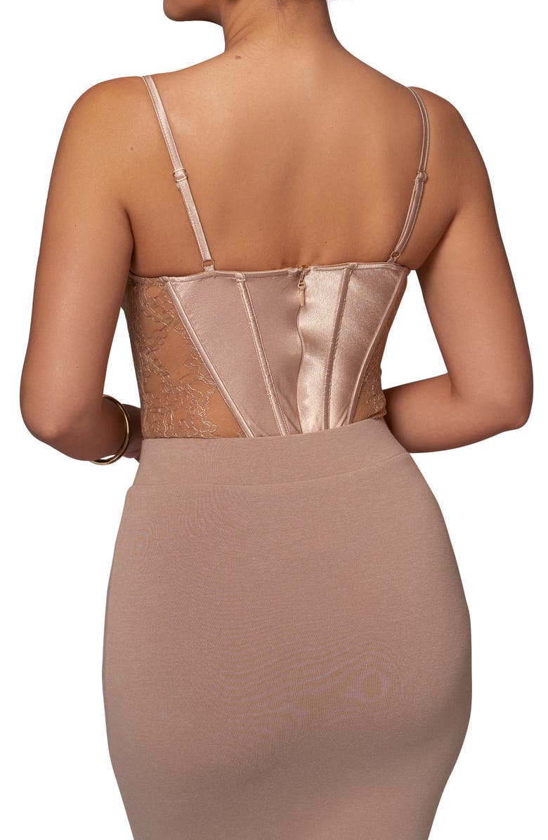 JLUXLABEL Incomparable Lace Inset Satin Bodysuit, Alternate, color, Brown