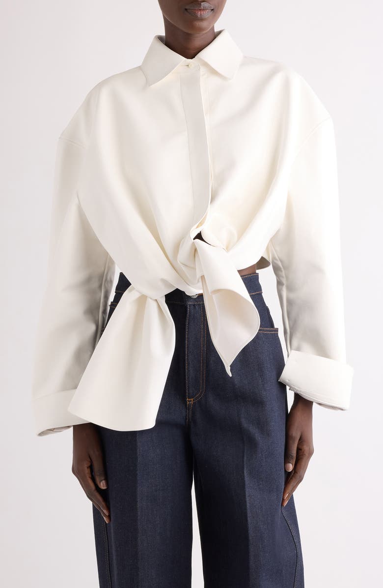 Givenchy Tie Front Leather Button-Up Shirt, Main, color, 100-White