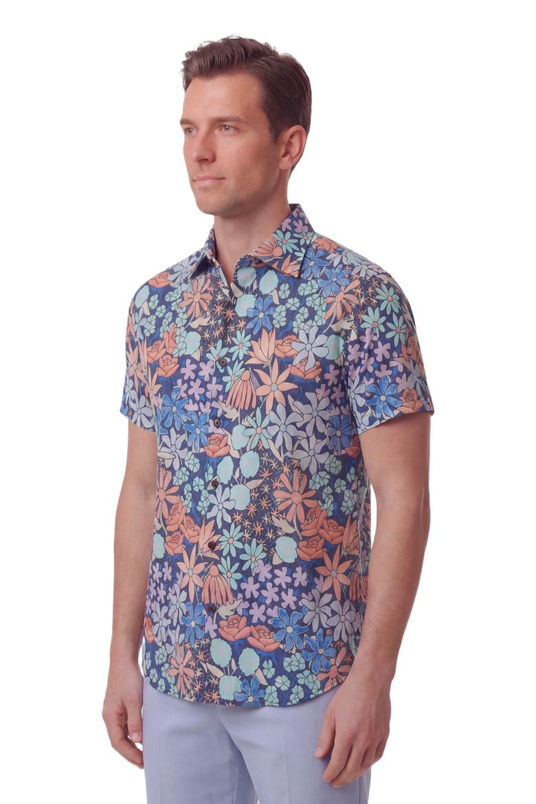 Rough Floral Short Sleeve Fine Linen Shirt, Alternate, color, ROUGH FLORAL NAVY