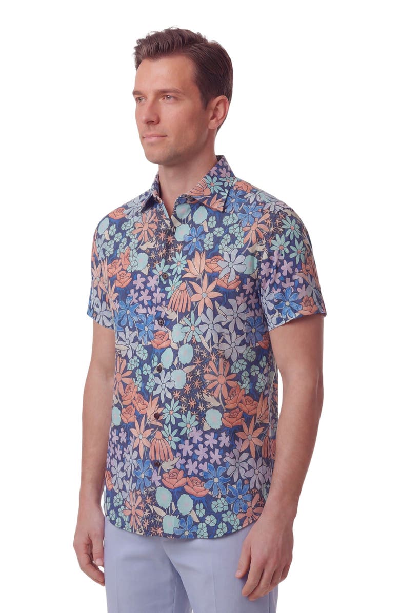 Lords of Harlech Rough Floral Short Sleeve Fine Linen Shirt, Alternate, color, Rough Floral Navy