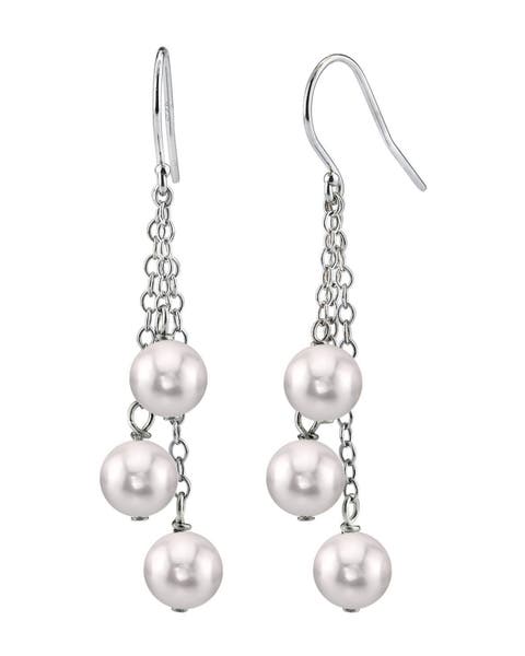 14K Gold White Akoya Pearl Dangle Cluster Earrings