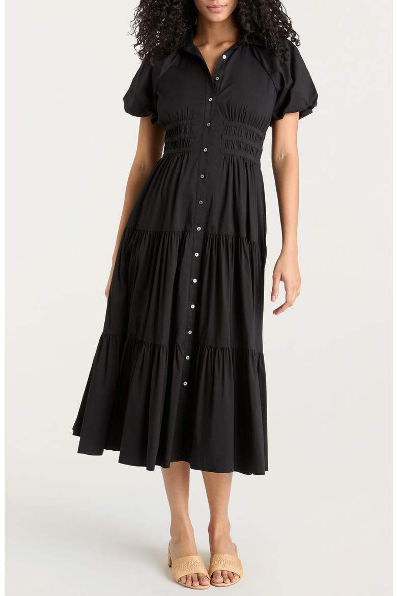 Maggio Puff Sleeve Stretch Poplin Midi Dress, Main, color, BLACK