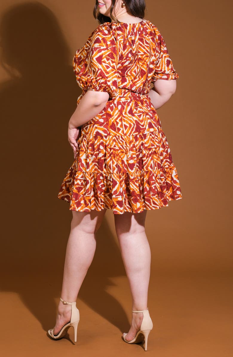 FLYING TOMATO Tie Neck Three-Quarter Puff Sleeve Babydoll Minidress, Alternate, color, Ivory Rust