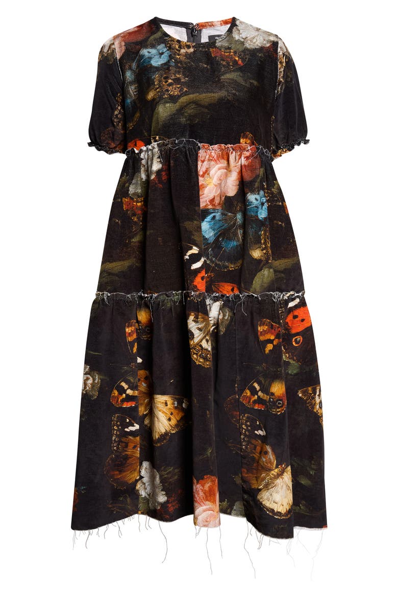 Shredded Relaxed Midi Dress, Main, color, FLORAL BUTTERFLY ON BLACK