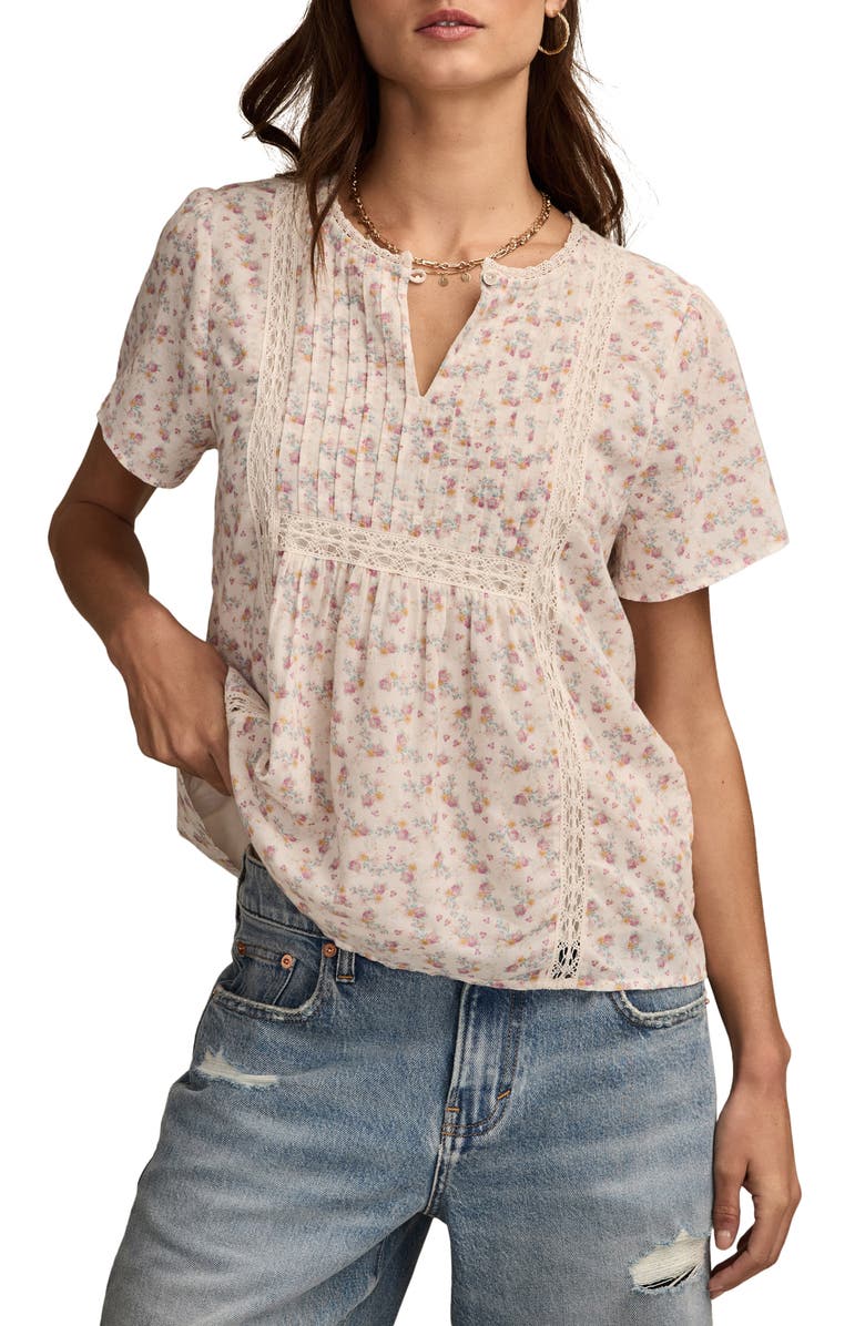 Lucky Brand Pintuck Lace Trim Cotton Peasant Top, Main, color,