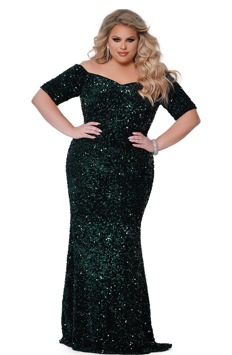 Johnathan Kayne for Sydney's Closet Velvet Sequin Short Sleeve Plus Size Evening Gown, Main, color, Forest