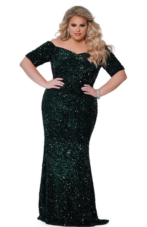 Velvet Sequin Short Sleeve Plus Size Evening Gown