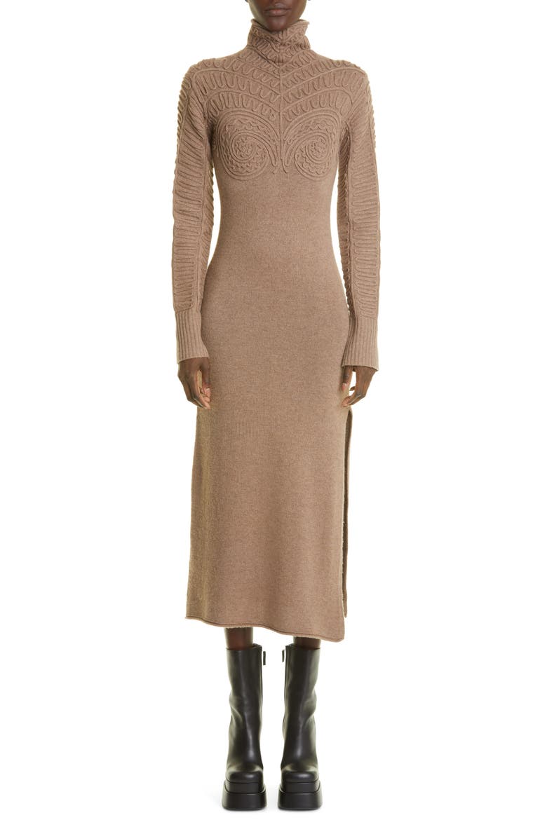 Brimlad Embroidered Long Sleeve Turtleneck Midi Sweater Dress, Main, color, DRIFTWOOD