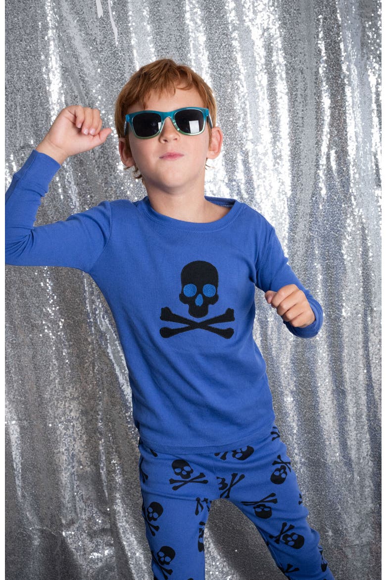 Kids Two-Piece Cotton Halloween Matching Family Pajamas, Fun Prints, Alternate, color, Blue Skulls