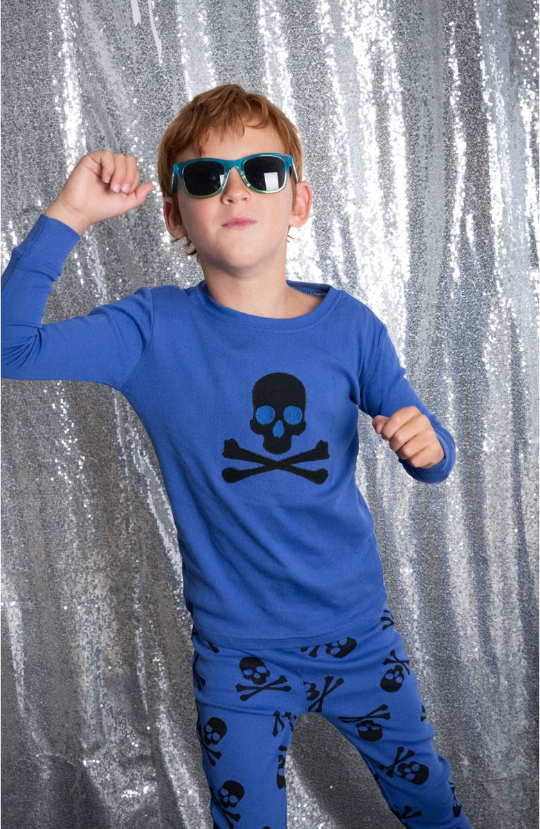 Leveret Two-Piece Cotton Halloween Matching Family Pajamas, Fun Prints, Alternate, color, Blue Skulls