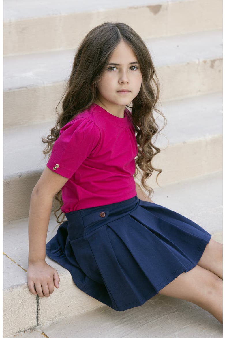 Kids' Ponte Pleated Button Tab Skort, Alternate, color, Navy