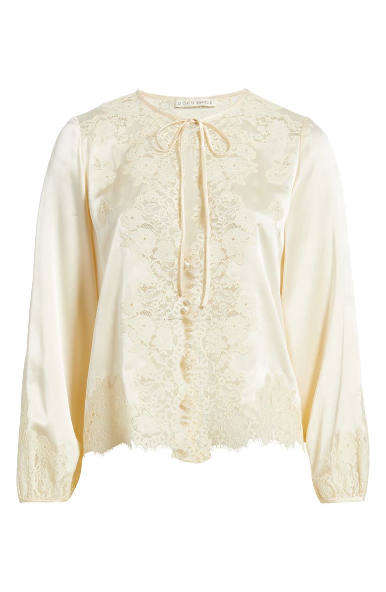 DÔEN Lucine Lace Trim Silk Button-Up Shirt, Alternate, color, Candlelight