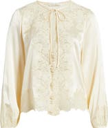 DÔEN Lucine Lace Trim Silk Button-Up Shirt