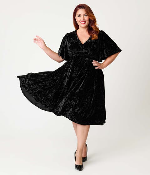Plus Size 1940s Velvet Flutter Sleeve Swing Dress