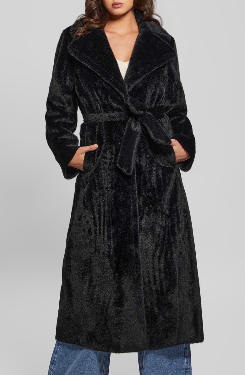 GUESS Ada Faux Fur Long Coat, Alternate, color, Jet Black