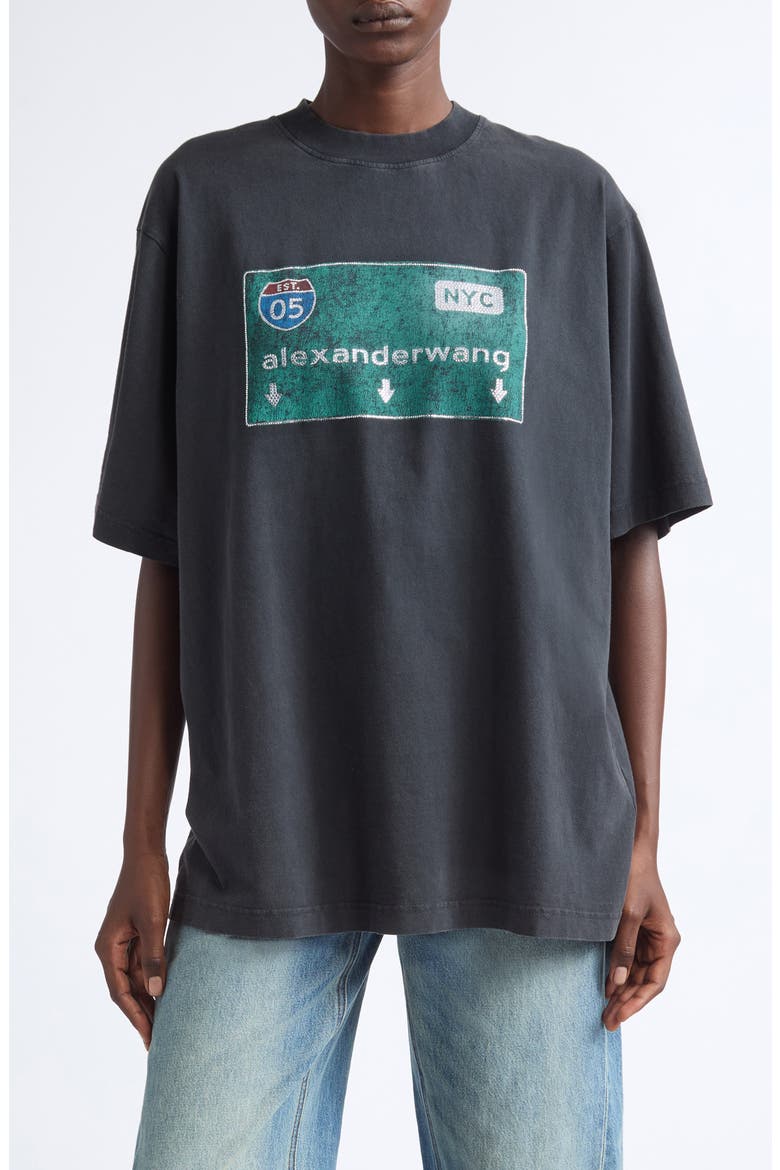 Alexander Wang Oversize Hotfix Crystal Street Sign Graphic T-Shirt