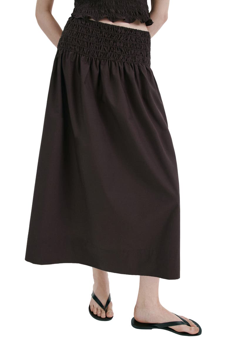 Shirred Waist Midi Skirt, Main, color, CHOCOLATE