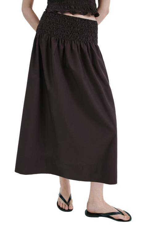 Shirred Waist Midi Skirt