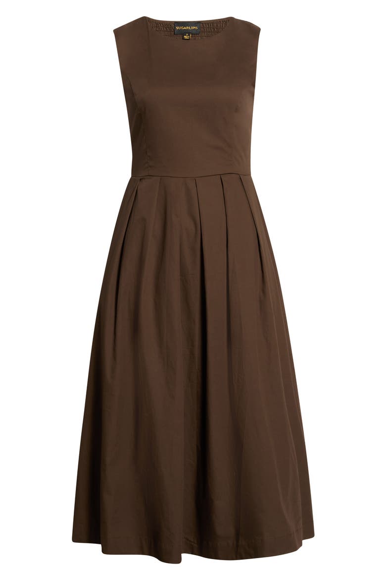 Emily Pleated Cotton Midi Dress, Alternate, color, BROWN