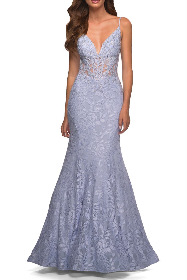 Mermaid Lace Prom Dress with Sheer Jeweled Bodice, Alternate, color, Light Periwinkle