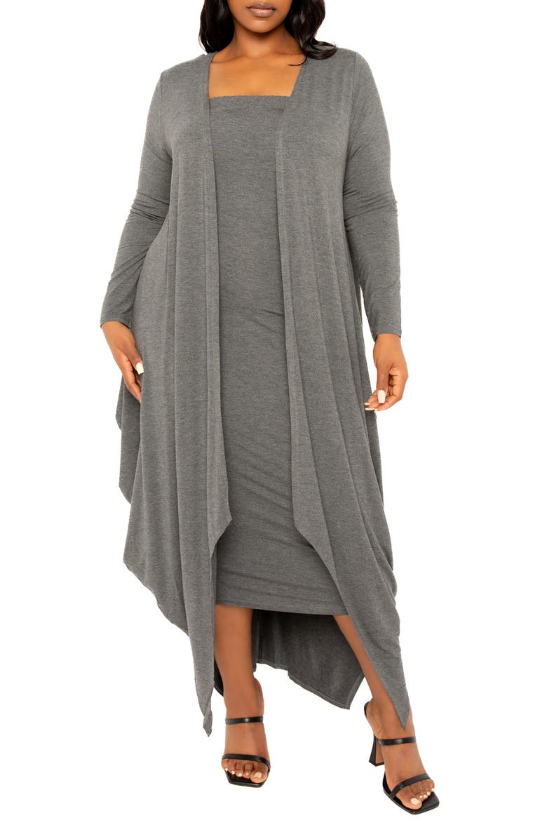 BUXOM COUTURE Cascade Bubble Hem Cardigan, Main, color, Charcoal Grey