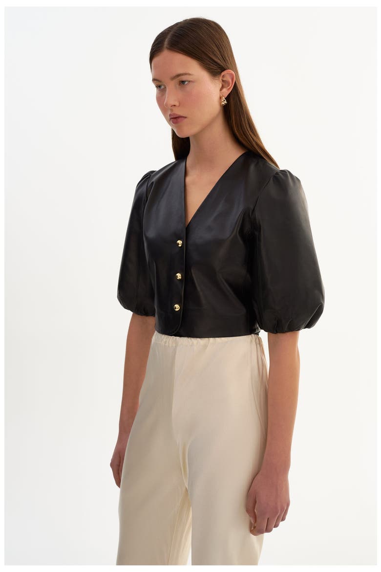 Franka | Balloon Sleeve Leather Blouse, Alternate, color, Black