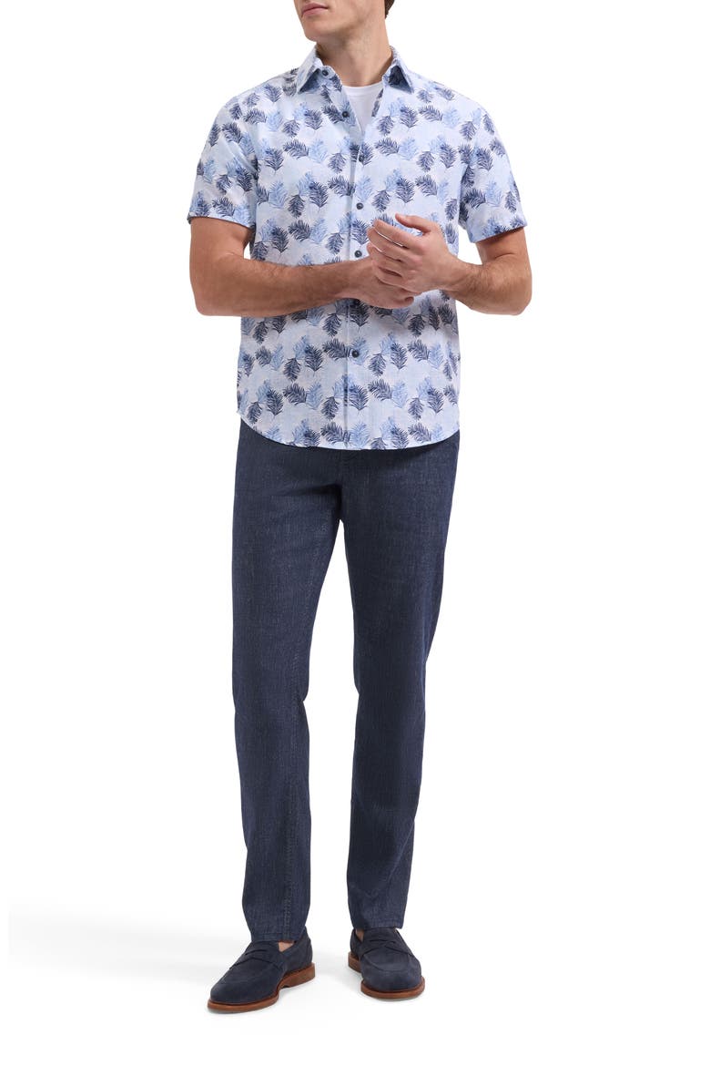 Orson Leaf Print Short Sleeve Button-Up Shirt, Alternate, color, HAZY BLUE