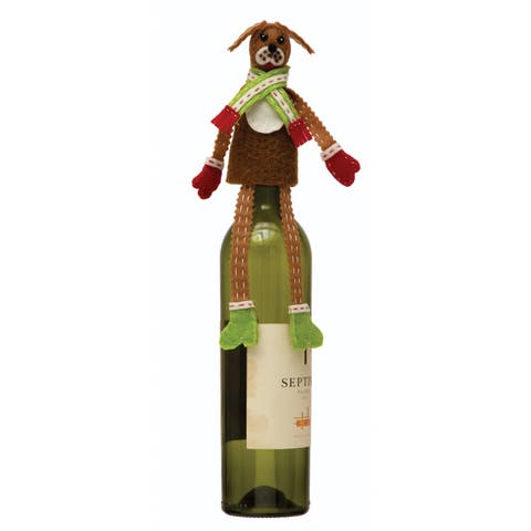 Fabric & Wool Felt Dog in Scarf Bottle Topper with Embroidery & Applique, Multicolor