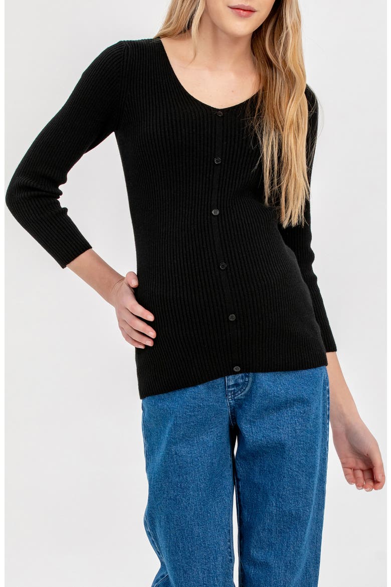 Bella Rib Button Trim V-Neck Maternity Sweater, Alternate, color, BLACK
