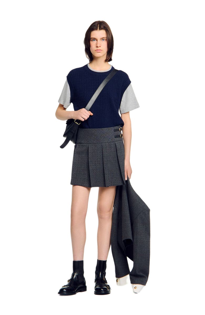 SANDRO Dual-material knit sweater, Alternate, color, Navy / Grey