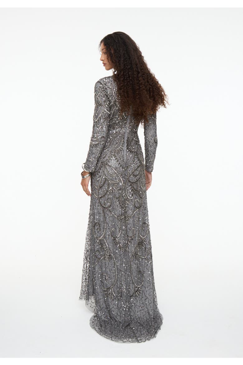 Modest Embellished Sequin Beaded Dress Maxi With Cowl Neck, Alternate, color, CHARCOAL