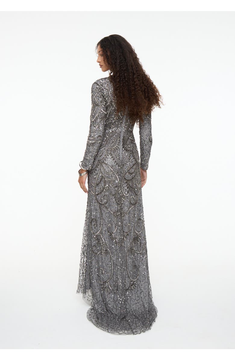 MARYISA Modest Embellished Sequin Beaded Dress Maxi With Cowl Neck, Alternate, color, Charcoal