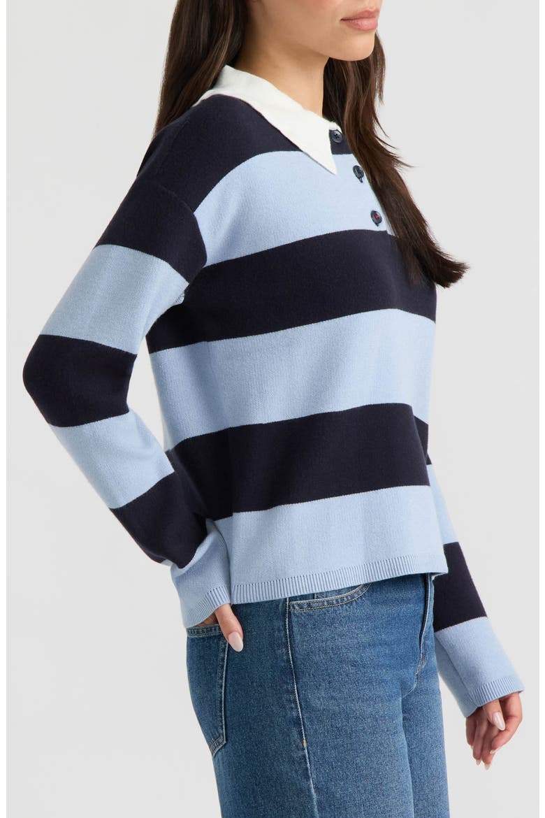 Ruffled Polo Collar Striped Rugby Sweater, Alternate, color, NAVY/ LIGHT BLUE STRIPE