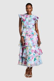 Coast Lace Trim Tiered Organza Midi Dress