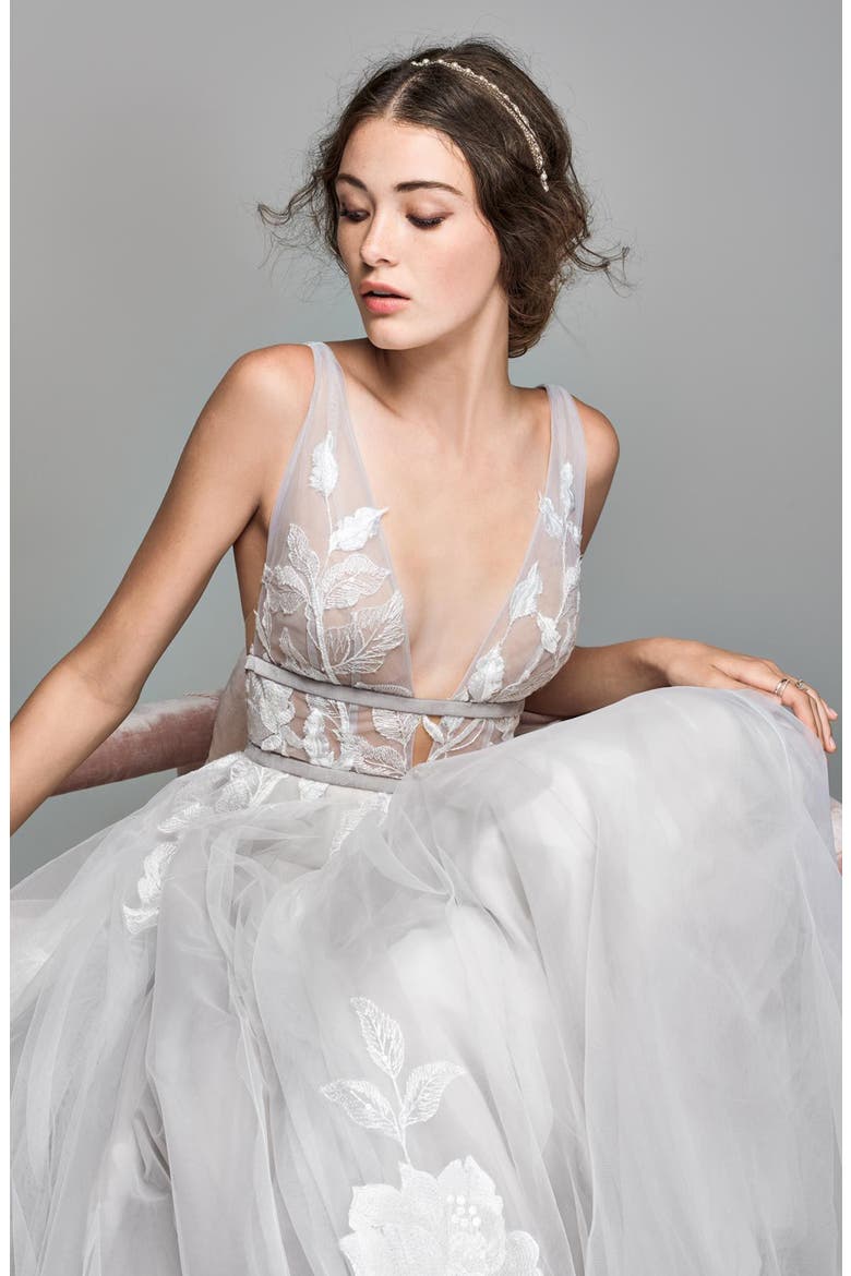 Galatea Embroidered V-Neck Tulle Wedding Dress, Alternate, color, IVORY