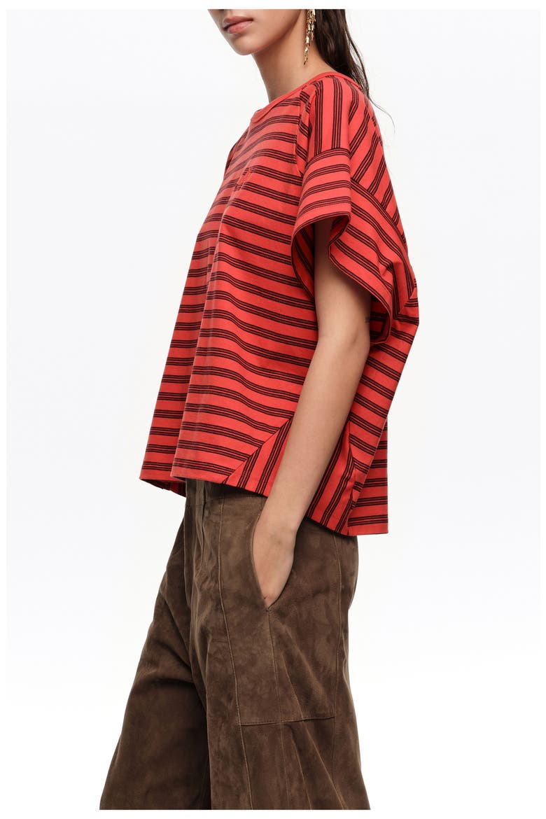 Striped Cropped T-shirt With Embroidered Logo, Alternate, color, RED