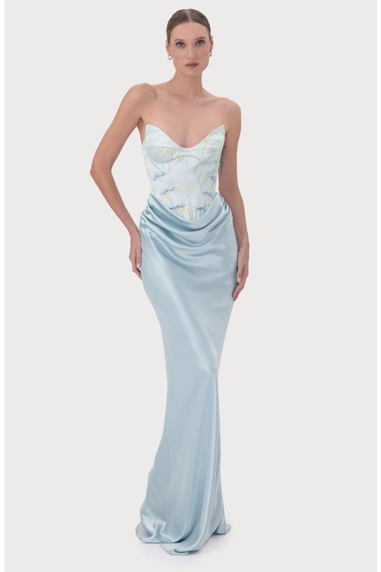 Sandrine Strapless Satin Gown, Alternate, color, PALE BLUE