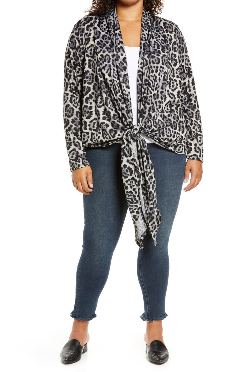 Loveappella Tie Front Cardigan, Alternate, color, Gray/ Black