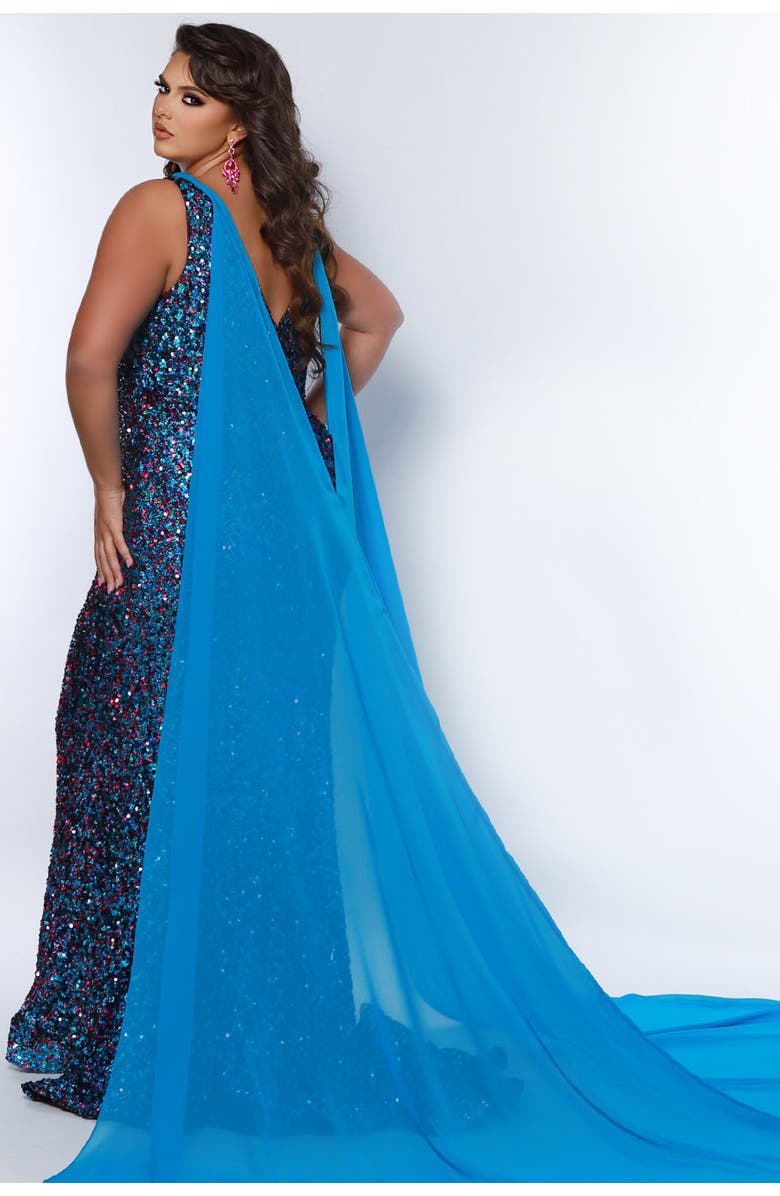 Johnathan Kayne for Sydney's Closet Long Fitted Plus Size Sequin Velvet Formal Gown, Alternate, color, Fuchsia Sky