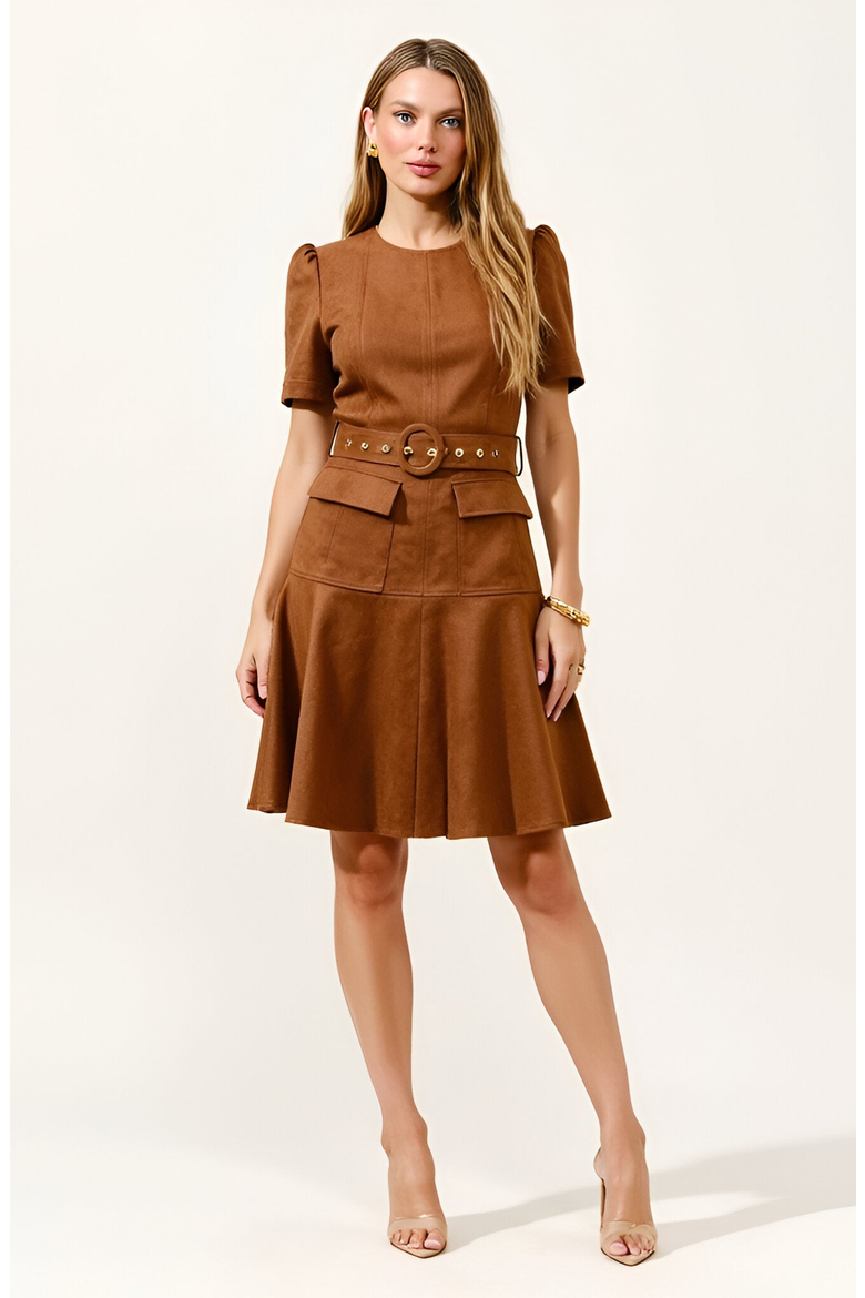 Short Sleeve Mini Dress with Belted Waist and Utility Pockets, Main, color, Brown