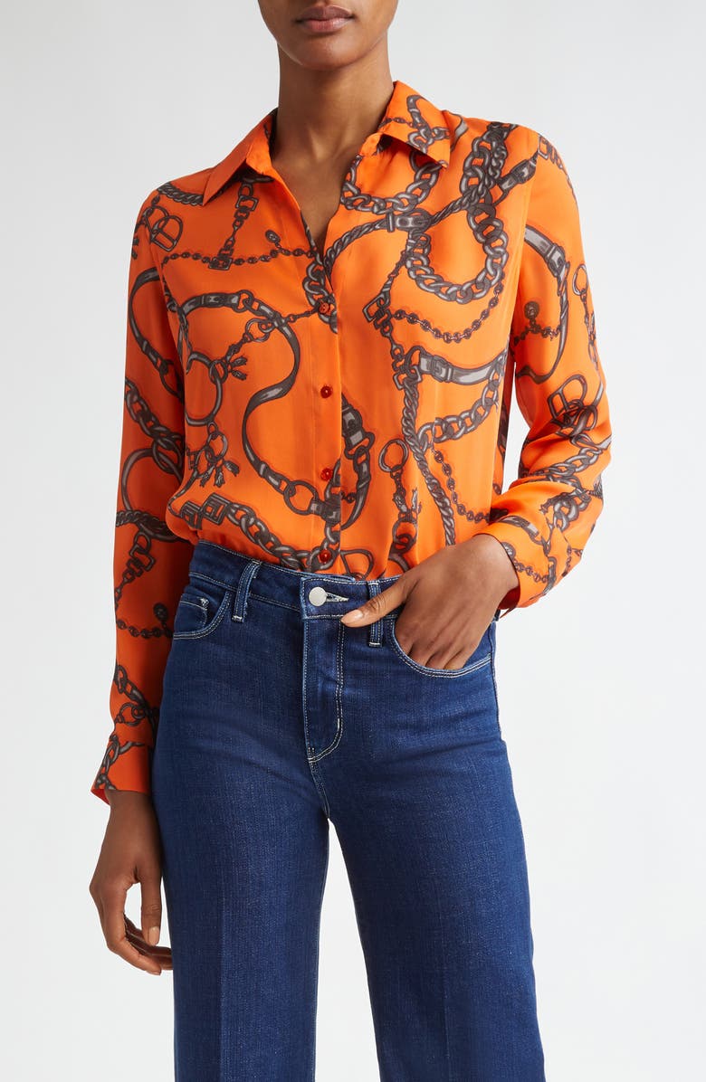 L'AGENCE Nina Chain Print Button-Up Silk Shirt, Main, color, 