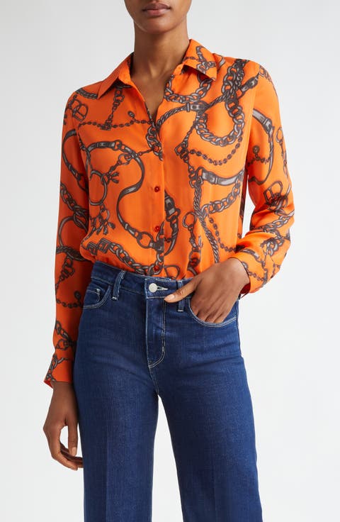 Nina Chain Print Button-Up Silk Shirt