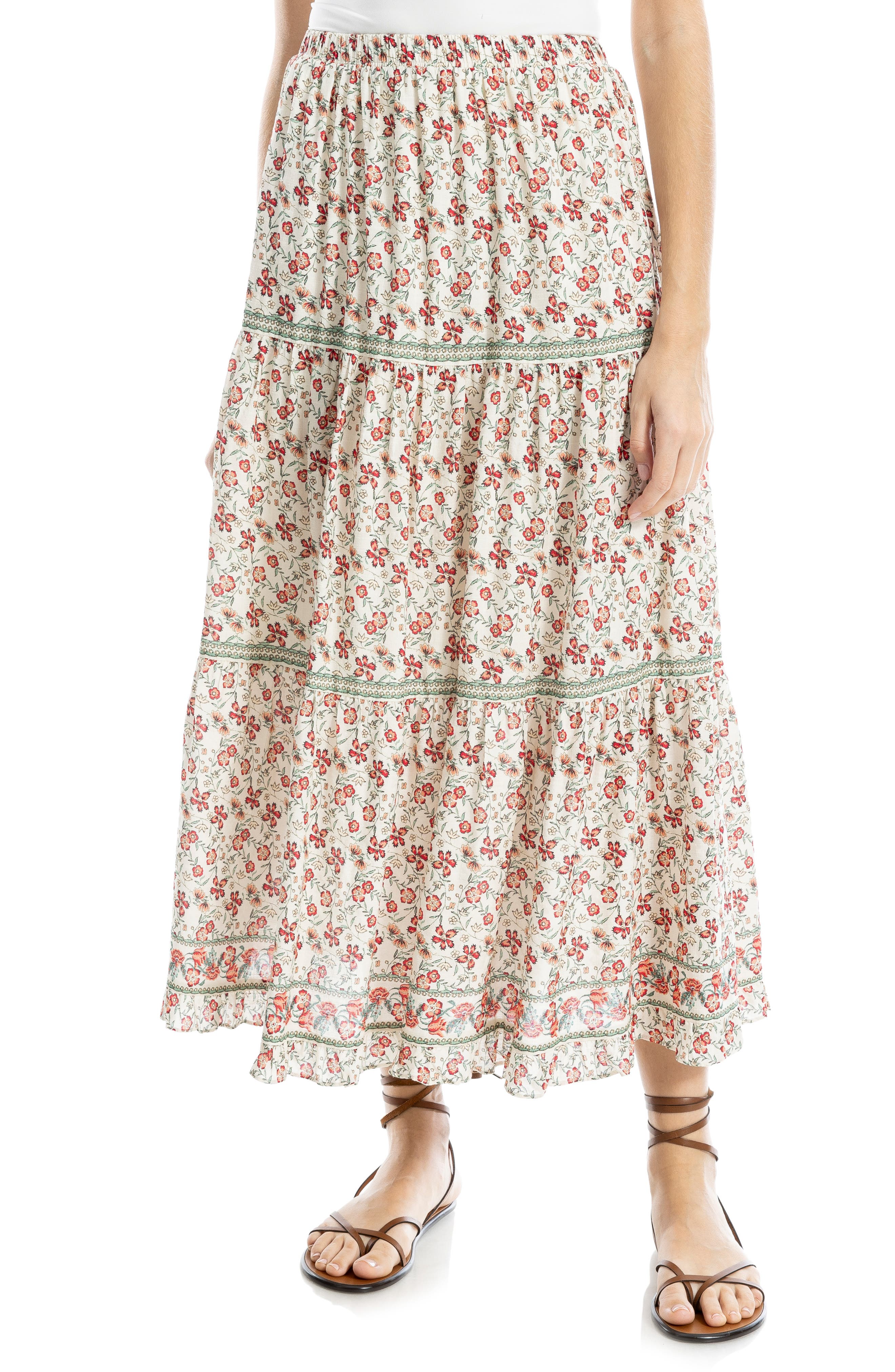 MAX STUDIO Floral Wreath Print Tiered Cotton Blend Maxi Skirt in Cream/berry Floral Swing Vines at Nordstrom Rack, Size Medium